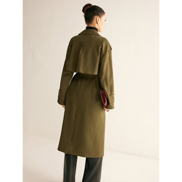 Commense Olive Green Trench Coat Longline Double Breasted Belted Classic Style - Picture 6 of 6